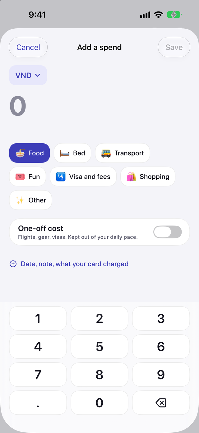 The Add a spend screen with a Vietnamese dong keypad, spend categories and a one-off cost switch