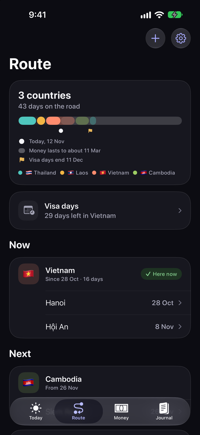 The Route tab in dark mode with three countries on a colored ribbon, 43 days on the road, the stops in Vietnam and Cambodia as the next stop