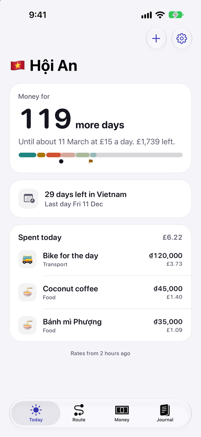 The Today screen in Hoi An showing money for 119 more days, until about 11 March at 15 pounds a day, 29 visa days left in Vietnam and today's spends